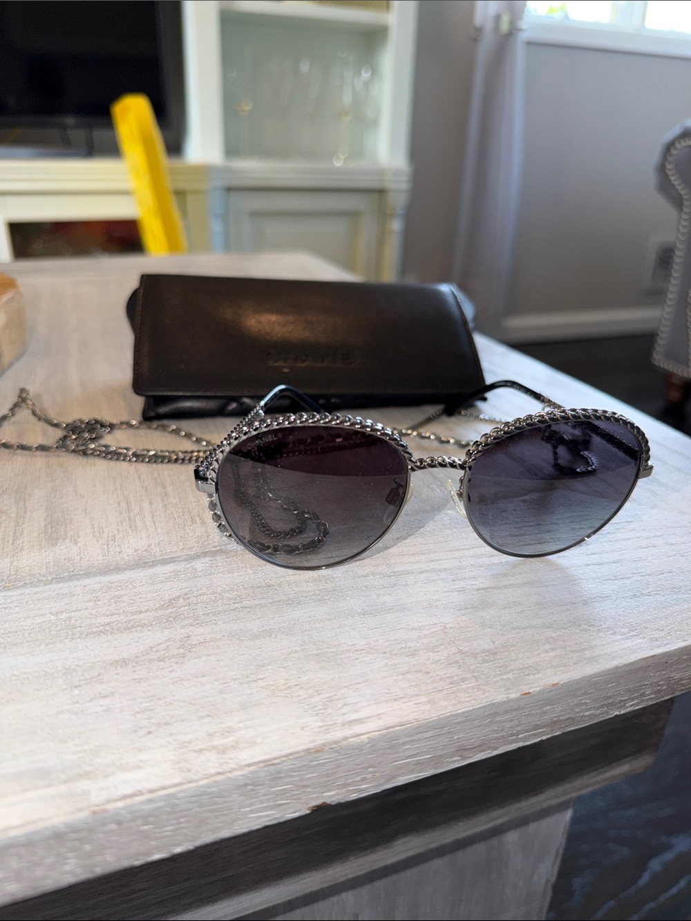 CHANEL Silver Chain-Trim Round Sunglasses with Gray Gradient Lenses